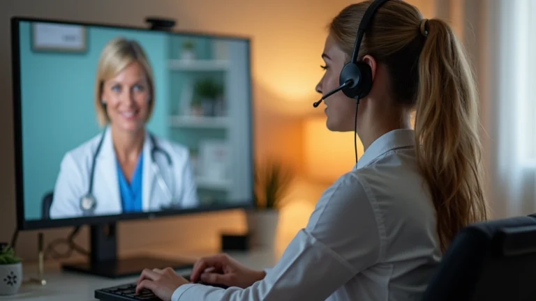 Female patient in home office wearing headset during video consultation with endocrinologist on computer screen, warm lighting, professional medical setting