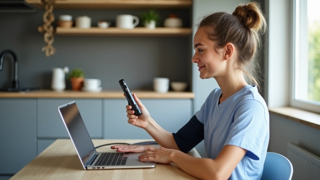 Young adult checking blood pressure at home using digital monitor while preparing for telehealth endocrinology appointment, m