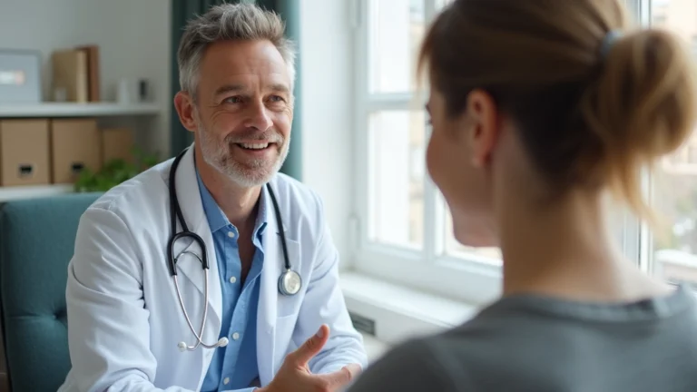 Female patient in home office on video call with male doctor wearing white coat and stethoscope, professional medical consultation setting