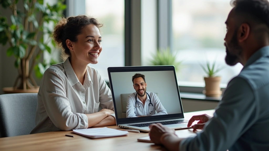 Diverse therapist in modern office conducting virtual session via laptop, patient visible on screen, peaceful clinical enviro