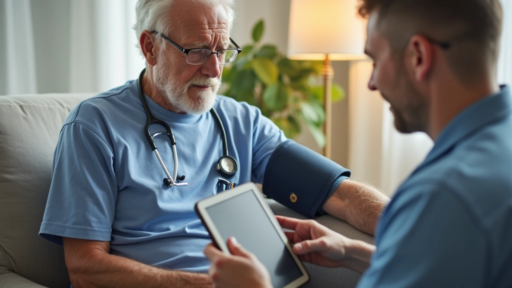 Elderly man at home checking blood pressure monitor while speaking with nurse on tablet screen, remote patient monitoring set