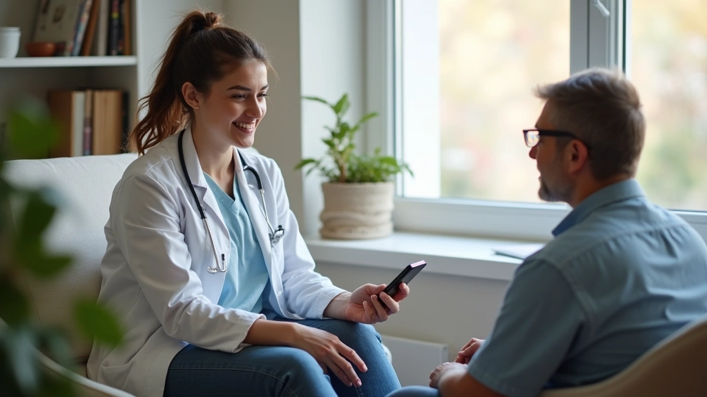 Patient sitting at home on video call with eye care professional, holding smartphone, bright natural lighting, professional medical consultation setting