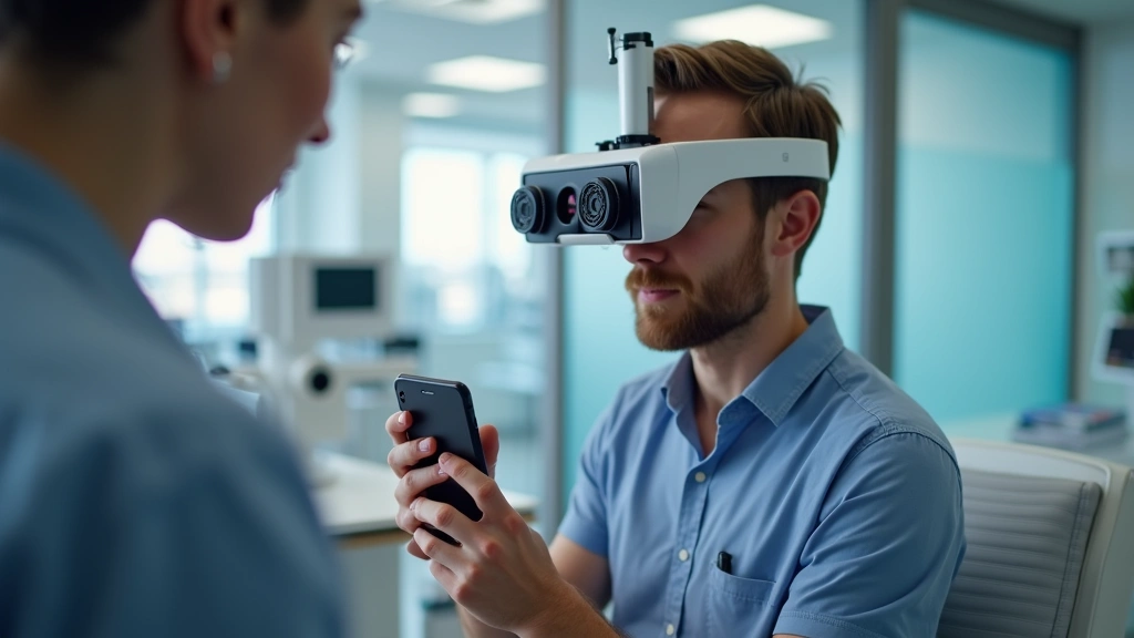 Person using automated vision testing device attached to smartphone, retail eye care clinic interior, modern healthcare techn