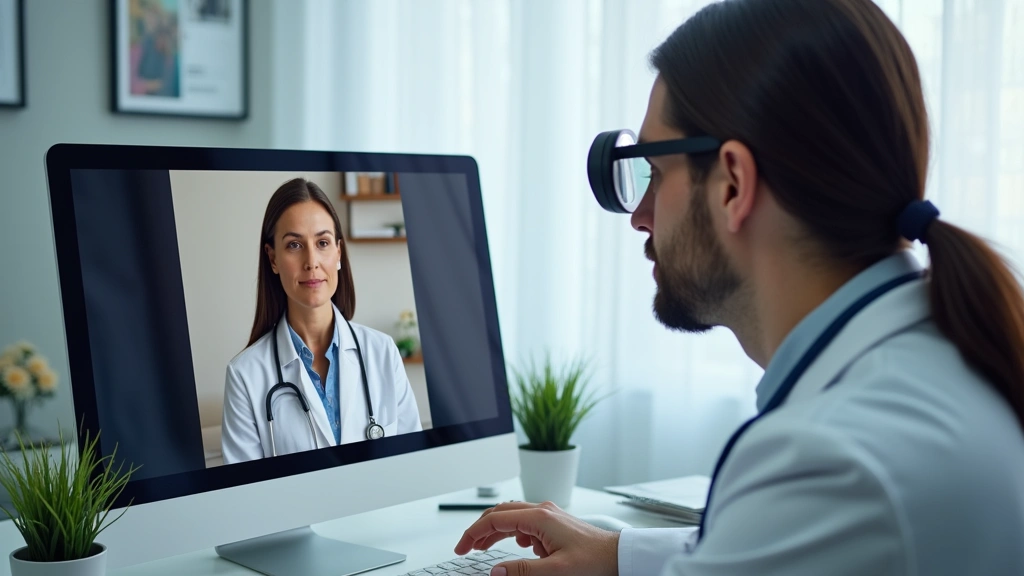 Eye care professional conducting remote examination via telehealth platform, computer screen showing patient video, professio
