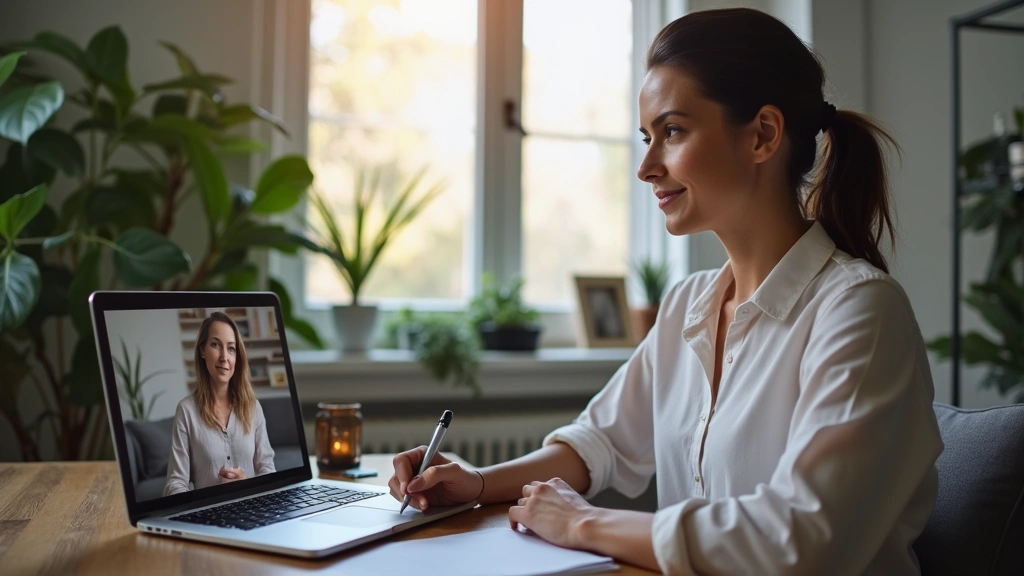 Professional woman in home office during video therapy session with licensed therapist on laptop screen, calm lighting, modern workspace, patient taking notes