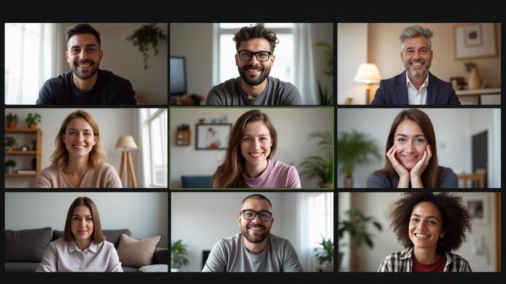 Diverse group of people in separate home settings participating in group therapy via video conference, multiple screens showi
