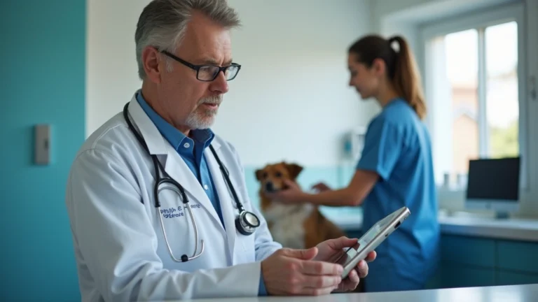 Professional veterinarian conducting video consultation on tablet with dog and owner visible in background, modern clinic setting with blue accents, natural lighting
