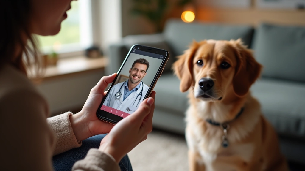 Close-up of dog owner holding smartphone showing veterinarian on screen during telehealth call, dog sitting calmly beside own