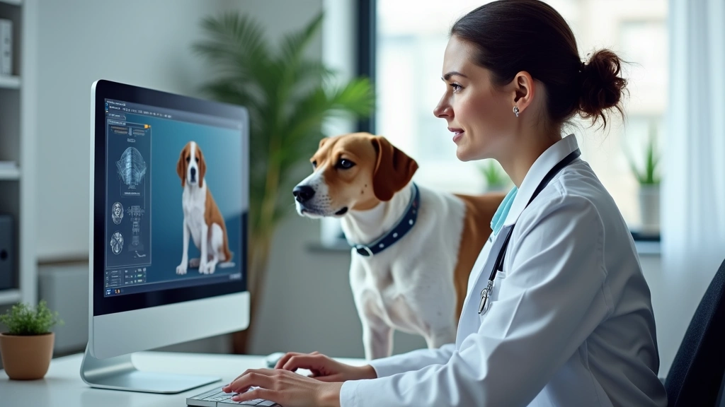 Veterinarian in white coat reviewing dog medical records on computer during remote consultation, professional office setting,
