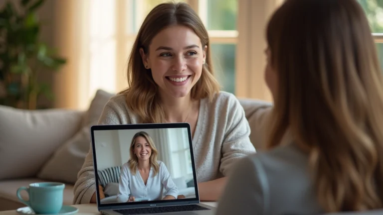 Woman in comfortable home setting having video therapy session on laptop, professional therapist visible on screen, warm lighting, peaceful background, genuine engagement