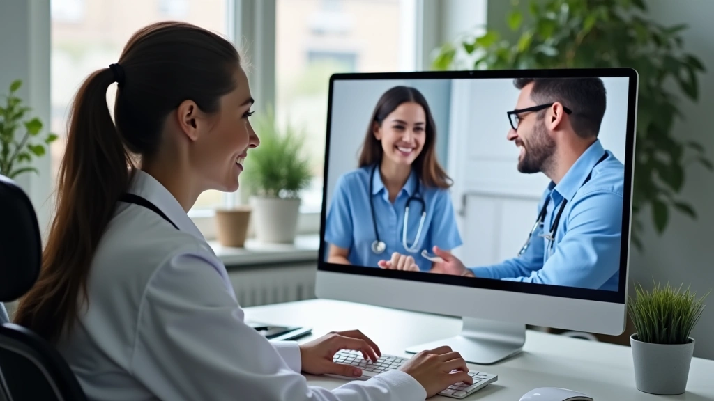 Healthcare provider in medical office conducting telehealth mental health consultation via computer, professional setting, se