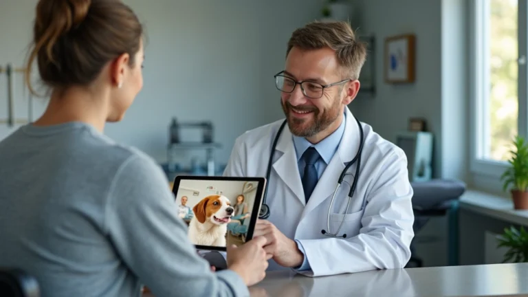 Professional veterinarian in white coat consulting with pet owner via video call on tablet, modern veterinary clinic background, natural lighting