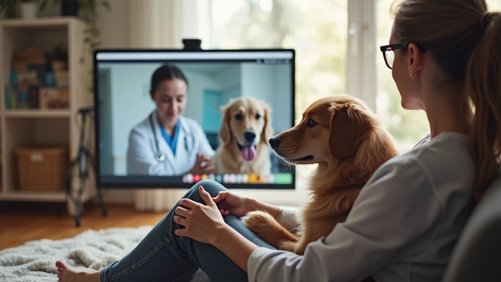 Pet owner sitting at home with dog on lap during video consultation with veterinarian on computer screen, comfortable home se