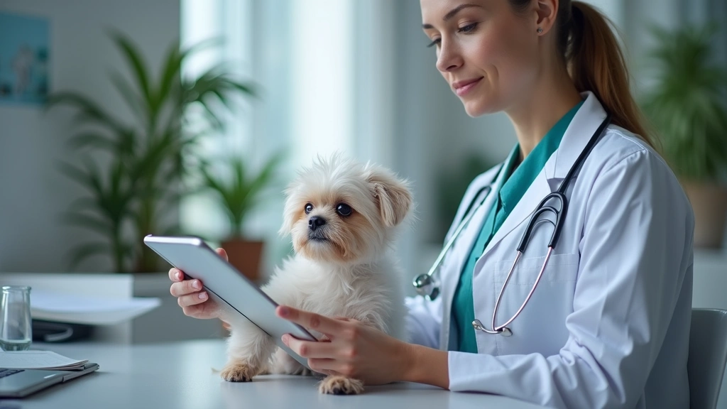 Veterinary professional reviewing pet medical records on digital tablet during remote consultation, professional healthcare e