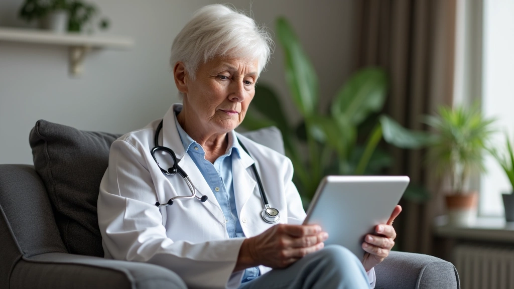 Senior woman having video consultation on tablet with healthcare provider, sitting comfortably at home, large clear screen visible