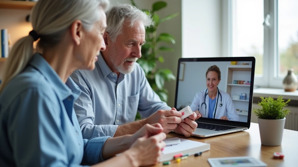 Senior couple reviewing prescription medications during telehealth visit, healthcare provider visible on screen, home office 