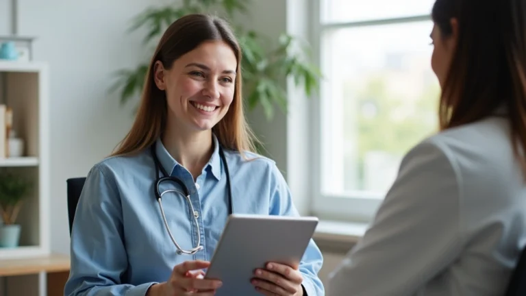 Female patient holding tablet during video consultation with healthcare provider, home office setting, natural lighting, professional medical atmosphere