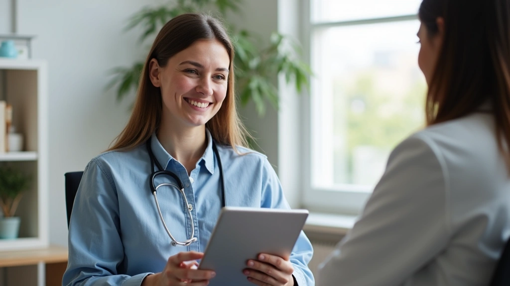 Female patient holding tablet during video consultation with healthcare provider, home office setting, natural lighting, prof