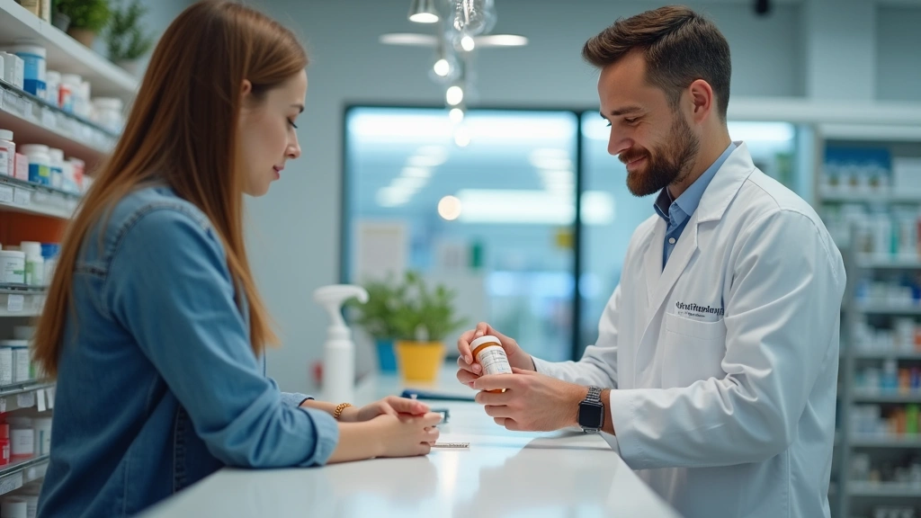 Pharmacist at counter filling prescription bottle while patient waits, modern pharmacy interior, bright professional lighting