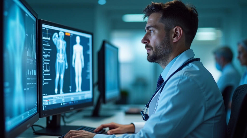 Healthcare provider in clinical setting reviewing digital patient information on computer monitor, serious focused expression