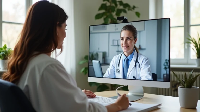 Woman in home office video consultation with healthcare provider on computer screen, professional medical setting, natural lighting, patient taking notes
