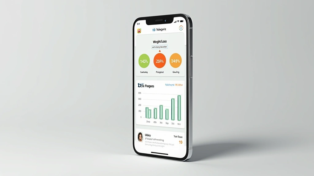 Smartphone displaying weight loss tracking app with meal data, progress charts, and provider messaging interface, clean moder