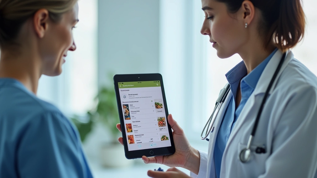 Healthcare provider in clinical setting reviewing telehealth patient data on tablet, personalized nutrition plan visible on s