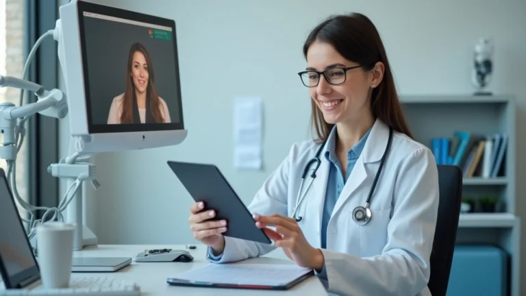 Professional female doctor in white coat conducting video consultation on computer screen in modern clinical office setting with medical equipment visible in background