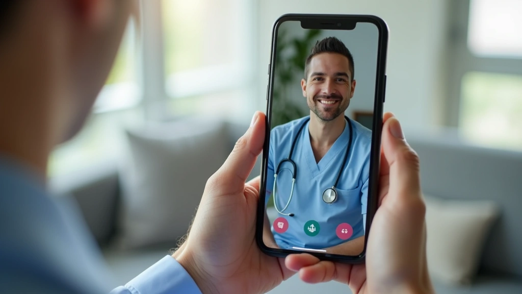 Close-up of smartphone showing secure video call interface with healthcare provider, medical records visible on screen in con