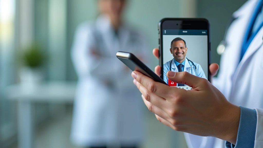 Close-up of hands holding smartphone displaying telehealth appointment interface, medical professional visible on screen, hea