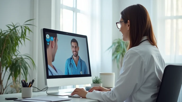 Professional healthcare provider in home office conducting video consultation with patient on computer screen, modern bright workspace