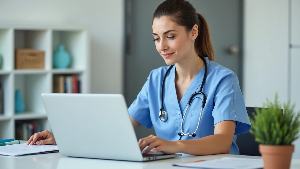 Female nurse practitioner sitting at desk reviewing patient notes on laptop during virtual telehealth appointment, clinical b