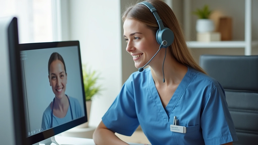 Professional female nurse in home office setting wearing headset during virtual patient consultation, modern desk with dual monitors, calm neutral background, natural lighting