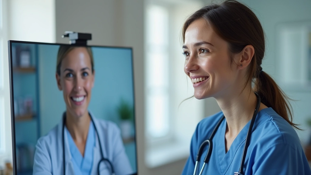 Female telehealth nurse on video call with patient visible on screen, professional medical setting, computer monitor showing 
