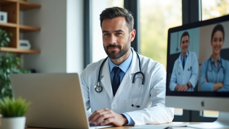 Healthcare professional in home office with laptop during video consultation, modern workspace, natural lighting, professional attire, focused expression, computer screen visible.