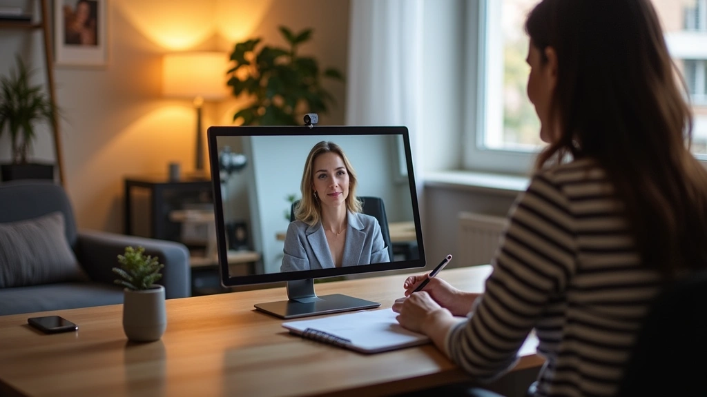 Virtual therapist conducting online session from home office, comfortable professional environment, webcam visible, warm ligh