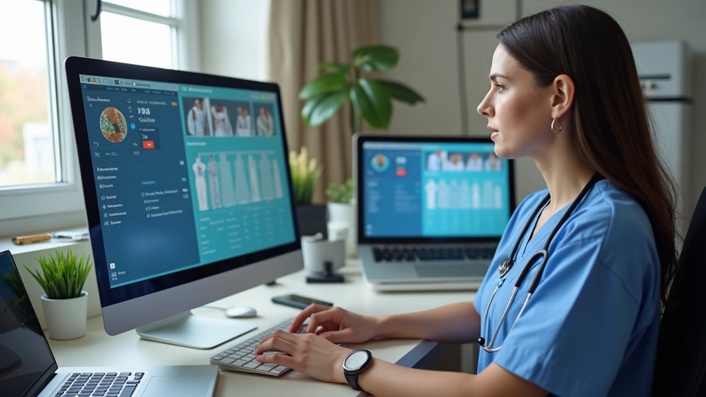 Telehealth nurse reviewing patient data on computer screen at home workstation, medical equipment nearby, professional medica
