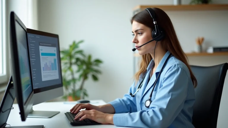 Professional woman working at home office with computer and headset, telehealth medical assistant in modern workspace with dual monitors and healthcare documentation visible