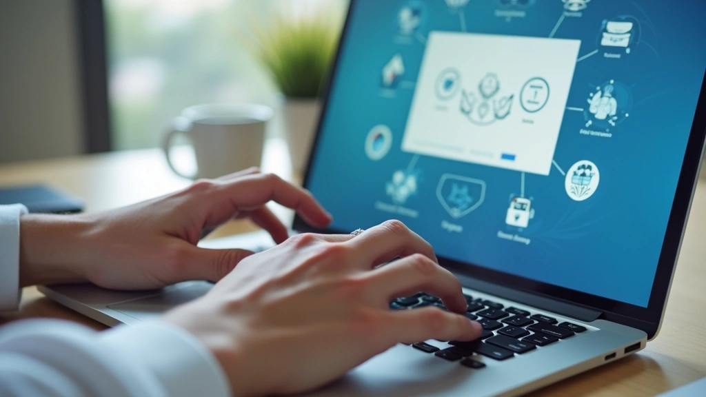 Close-up of hands typing on laptop keyboard with EHR software interface displayed on screen, remote healthcare professional i