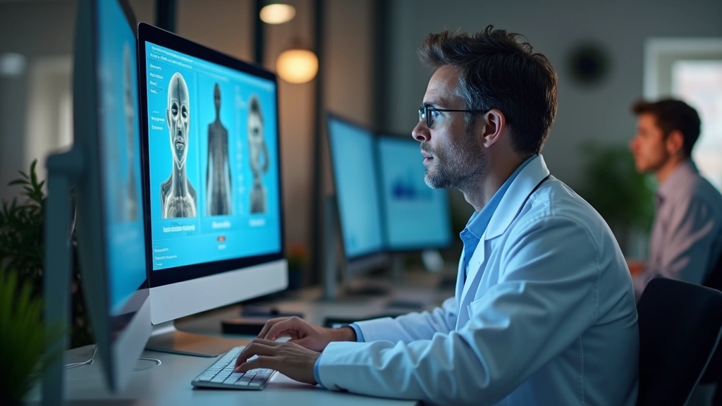 Medical professional at desk reviewing patient charts on computer during virtual healthcare consultation, modern telehealth w