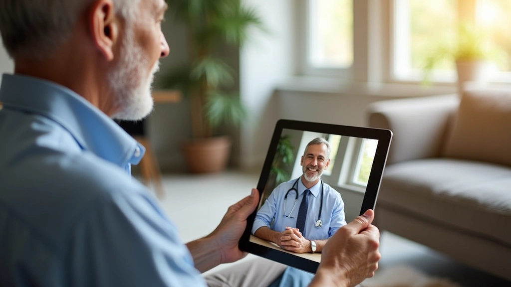 Senior Medicare beneficiary in home office using tablet for video call with doctor, natural lighting, professional medical consultation, warm home setting