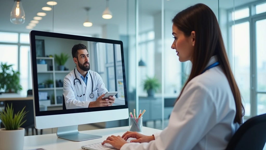 Healthcare provider at desk conducting virtual telehealth appointment on computer, modern medical office background, professi
