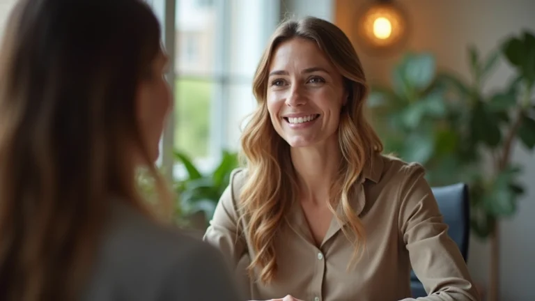 Woman in professional setting on video call with therapist, warm lighting, focused expression, home office background with plants