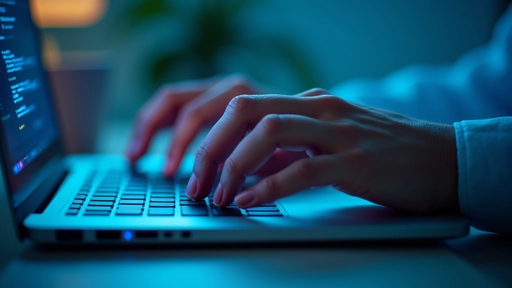 Close-up of hands typing on laptop keyboard with soft blue light, secure digital interface visible, professional healthcare s