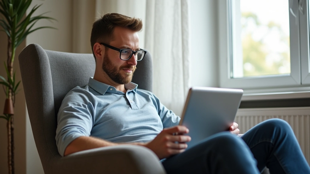 Male patient in comfortable chair during telehealth session on tablet, calm expression, natural window lighting, modern livin