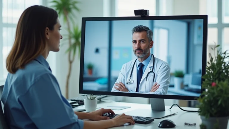 Healthcare provider in modern clinic conducting video consultation with patient on large monitor, professional medical office setting with computer equipment