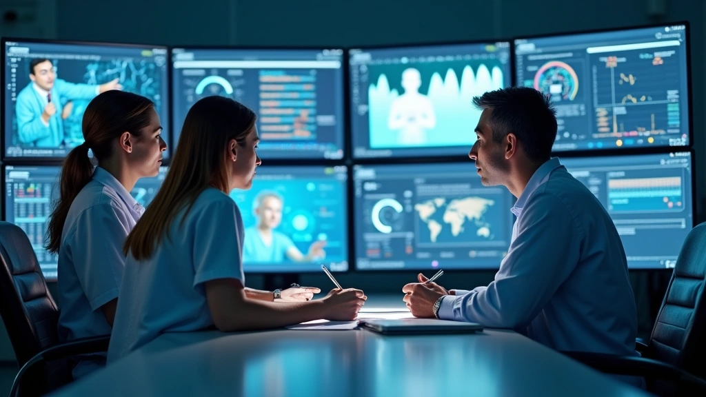 Diverse medical team reviewing telehealth data on digital dashboard, contemporary healthcare facility with multiple monitors 