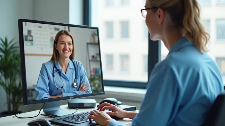 Healthcare provider conducting video telehealth consultation with patient on laptop in modern clinical office setting, professional medical environment with computer setup