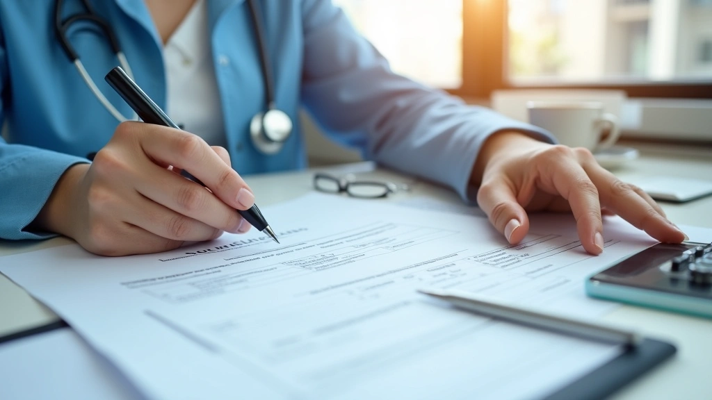 Close-up of medical billing documentation and insurance forms with healthcare provider reviewing telehealth claim codes at de