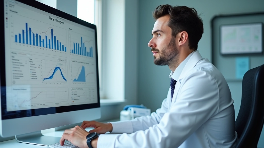 Medical professional in white coat reviewing electronic health records on desktop computer in healthcare office, documentatio